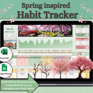 Puede incluir: Una pantalla de computadora portátil que muestra un rastreador de hábitos con temática primaveral con un diseño de árbol de cerezo en flor. El rastreador se titula "March Habit Tracker" y presenta una barra de progreso, un gráfico y un calendario. El texto "Build Cherry Blossom trees & a beautiful Park as you complete your daily habits" se muestra debajo de la computadora portátil.