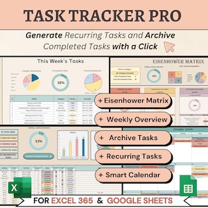 Recurring Task Tracker Excel 365 Spreadsheet, Weekly To do list Google Sheets, Eisenhower Matrix ADHD template, Work Tracker Project Planner