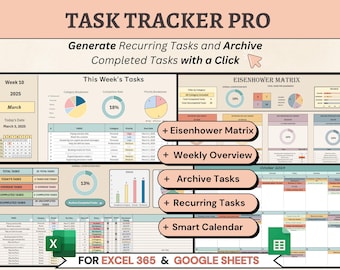 Recurring Task Tracker Excel 365 Spreadsheet, Weekly To do list Google Sheets, Eisenhower Matrix ADHD template, Work Tracker Project Planner