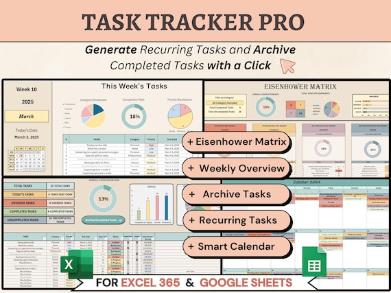 Recurring Task Tracker Excel 365 Spreadsheet, Weekly To do list Google Sheets, Eisenhower Matrix ADHD template, Work Tracker Project Planner