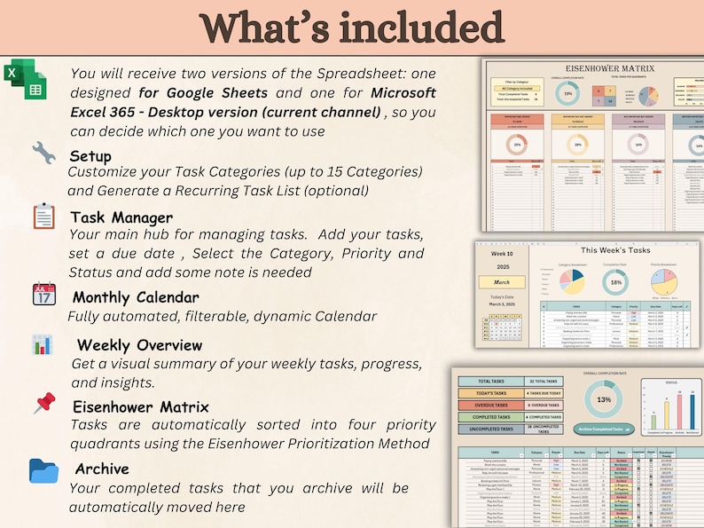 Op de afbeelding: Een kleurrijke infographic die de functies laat zien die zijn opgenomen in een spreadsheet-sjabloon voor het beheren van taken. De functies omvatten een taakbeheerder, een maandelijkse kalender, een wekelijks overzicht, een Eisenhower-matrix en een archief.