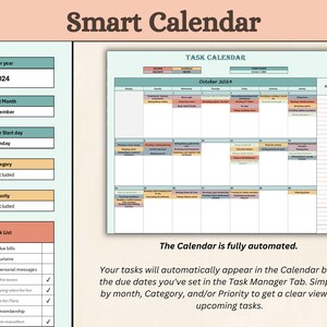 Op de afbeelding: Een kalender met een takenlijst en een takenkalender voor de maand oktober 2024. De kalender is volledig geautomatiseerd en taken verschijnen automatisch op basis van de vervaldatums die zijn ingesteld in het tabblad Taakbeheer. U kunt filteren op maand, categorie of prioriteit om een duidelijk beeld te krijgen van de komende taken.