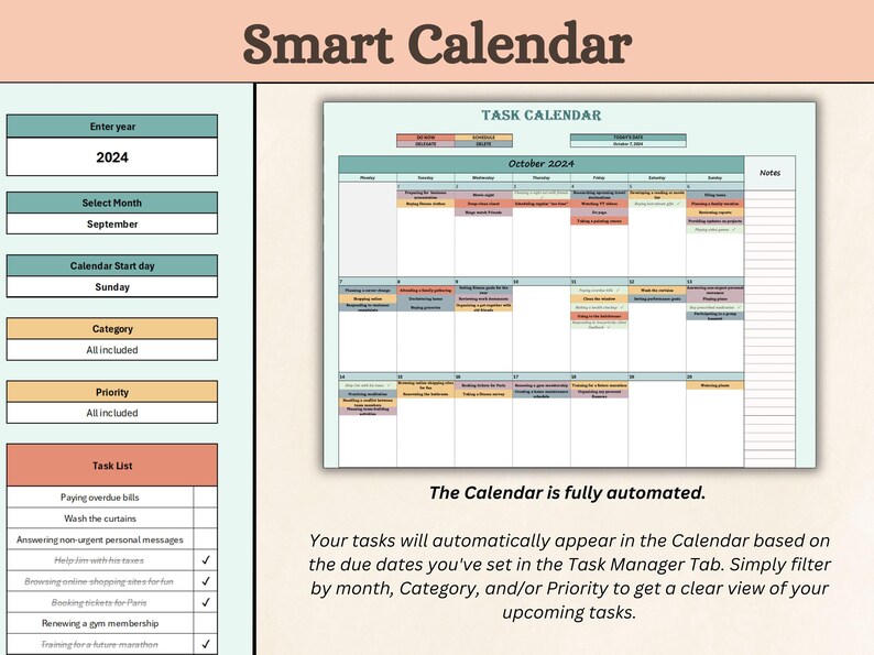 Op de afbeelding: Een kalender met een takenlijst en een takenkalender voor de maand oktober 2024. De kalender is volledig geautomatiseerd en taken verschijnen automatisch op basis van de vervaldatums die zijn ingesteld in het tabblad Taakbeheer. U kunt filteren op maand, categorie of prioriteit om een duidelijk beeld te krijgen van de komende taken.