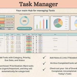 Op de afbeelding: Een takenbeheerspreadsheet met een lichtblauw en groen kleurenschema. De spreadsheet bevat een sectie voor taken, categorie&euml;n, prioriteit, vervaldatum, resterende dagen, status, belangrijkheid en notities. De spreadsheet bevat ook een sectie voor voltooide taken, vervallen taken en taken van vandaag. De spreadsheet is getiteld "Takenbeheer: Uw belangrijkste hub voor het beheren van taken".