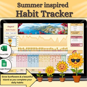 Summer inspired Monthly Habit Tracker: Gamified Goal Planner for Google Sheets & Excel 365
