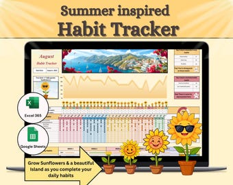 Summer inspired Monthly Habit Tracker: Gamified Goal Planner for Google Sheets & Excel 365