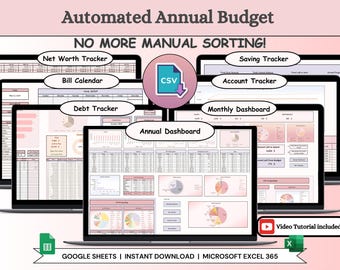Annual Budget Template for Excel and Google Sheets , automatic Debt & Net Worth tracking with a Bill Calendar