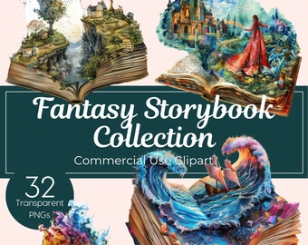 Watercolor Fantasy Books PNG Storybook Clipart Open Book Bundle Library Reading Lover Magical Illustrations Books Come to Life Clip Art