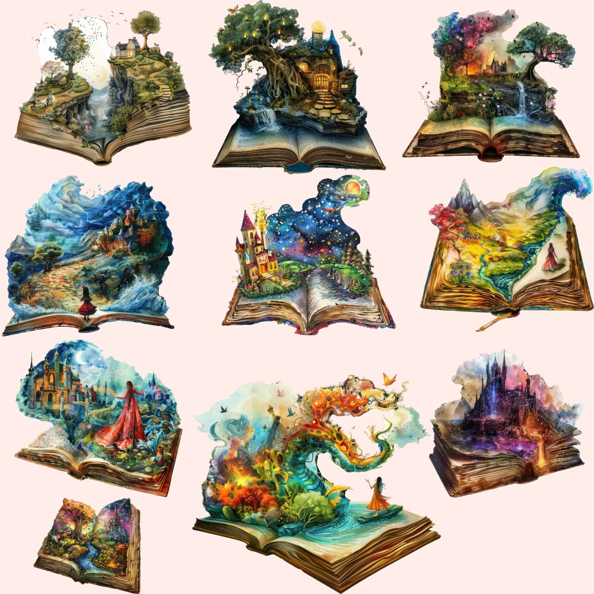 Watercolor Fantasy Books PNG Storybook Clipart Open Book Bundle Library ...