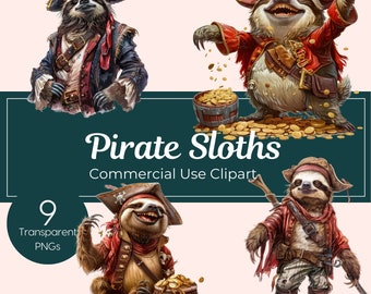 Fantasy Pirate Sloth Clipart, Funny Sloth Images, Fantasy RPG Characters PNG, Sloth Illustration Commercial Use Instant Download Transparent