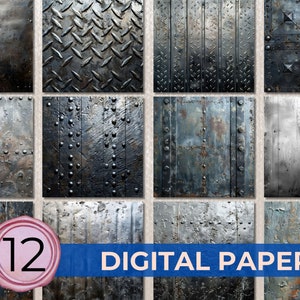 May include: Twelve digital papers featuring various textures of metal surfaces. The papers include rusted metal, metal with rivets, and metal with a diamond pattern.