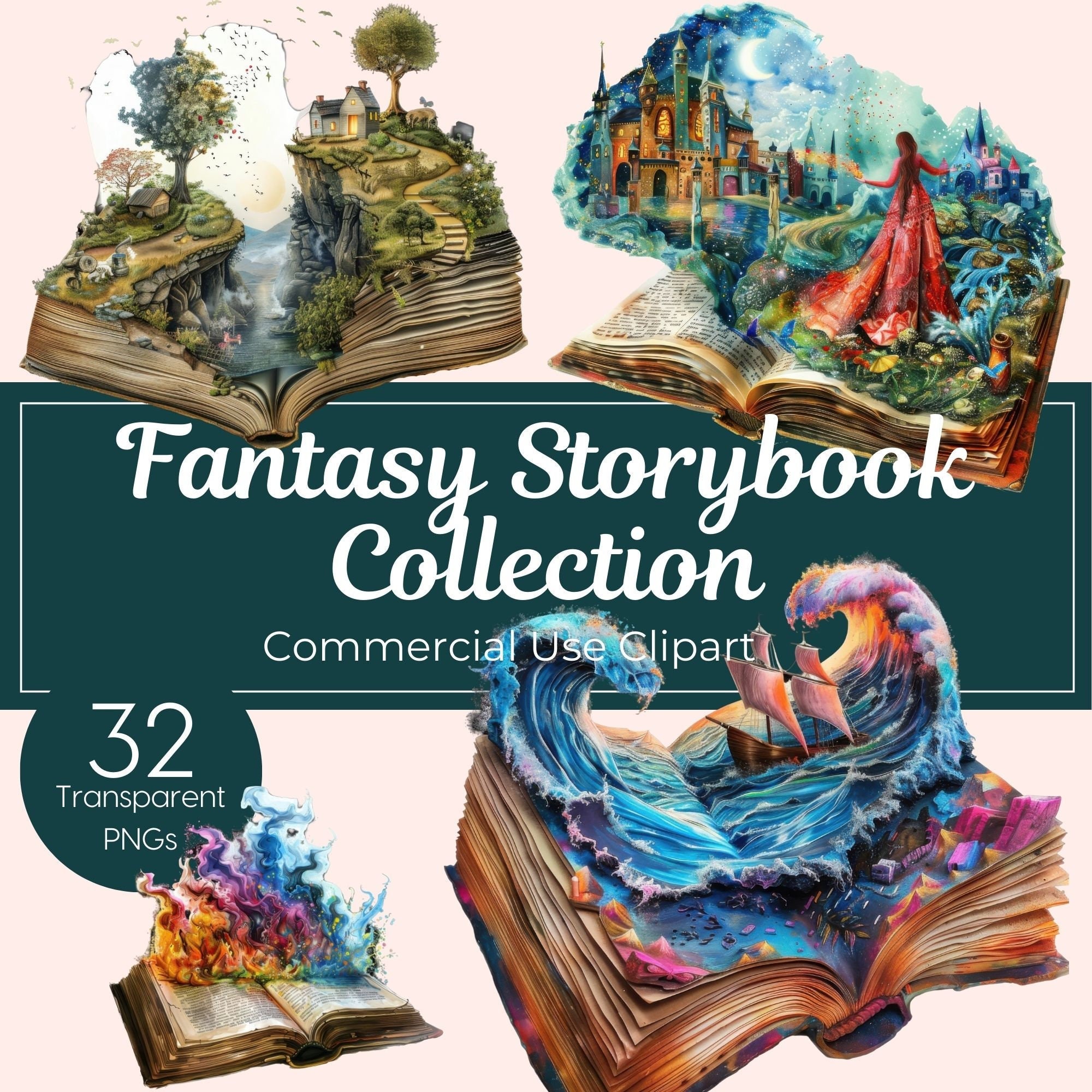Watercolor Fantasy Books PNG Storybook Clipart Open Book Bundle Library ...