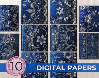 Regency Era Sapphire and Silver Filigree Elegant Embossed Leather Digital Paper Luxury Vintage Texture Paper Blue and Silver Scrapbook