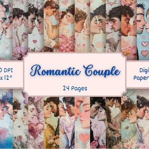 Paquete de papel digital para pareja romántica de San Valentín, imprimible, para álbum de recortes, para amantes, abrazos, aniversario de bodas, fondos, diario, tarjeta, sublimación