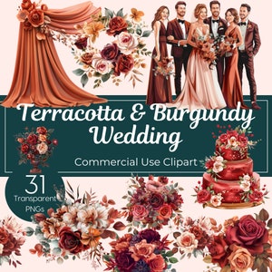 Clipart matrimonio terracotta e bordeaux tema autunnale matrimonio boho floreale autunno floreale PNG bouquet matrimonio boho festa nuziale torta