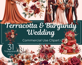 Terracotta and Burgundy Wedding Clipart Autumn Theme Wedding Bohemian Floral Fall Floral PNG Boho Wedding Bouquet Bridal Shower Party Cake