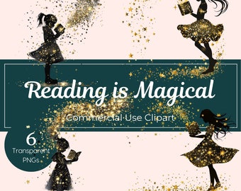 Reading is Magical Girls Reading Clipart Library PNG Bookish Images Inspiring a Love of Reading Black and Gold Sparkle Open Books Clip Art