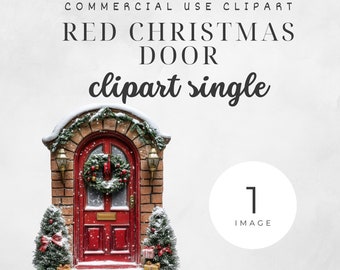 Festive Christmas Door Clipart Snowy Red Door with Wreath PNG Holiday Decor Illustration for Cards, Invitations, and Crafts Cozy Christmas