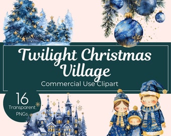 Twilight Christmas Village Clipart Set Blue and Gold Winter Wonderland PNG Watercolor Christmas Illustrations Holiday Digital Download