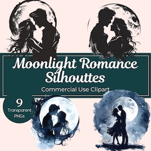 Moonlit Romance Couple Silhouette Watercolor Couple Kissing in Moonlight Clipart Bride and Groom Romantic PNG Love Clipart Moonlight Embrace