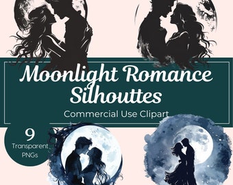 Moonlit Romance Couple Silhouette Watercolor Couple Kissing in Moonlight Clipart Bride and Groom Romantic PNG Love Clipart Moonlight Embrace