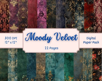 Vintage Velvet Damask Digital Paper Pack Gold Ornate Patterns Luxury Velvet Texture Scrapbooking Paper Classic Baroque Designs Junk Journal