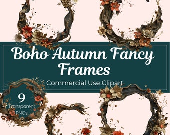 Boho Autumn Fancy Frames Elegant Floral Wreaths for Fall Clipart Digital Botanical Frame Collection Natural Frames PNG Fall Wedding Invite