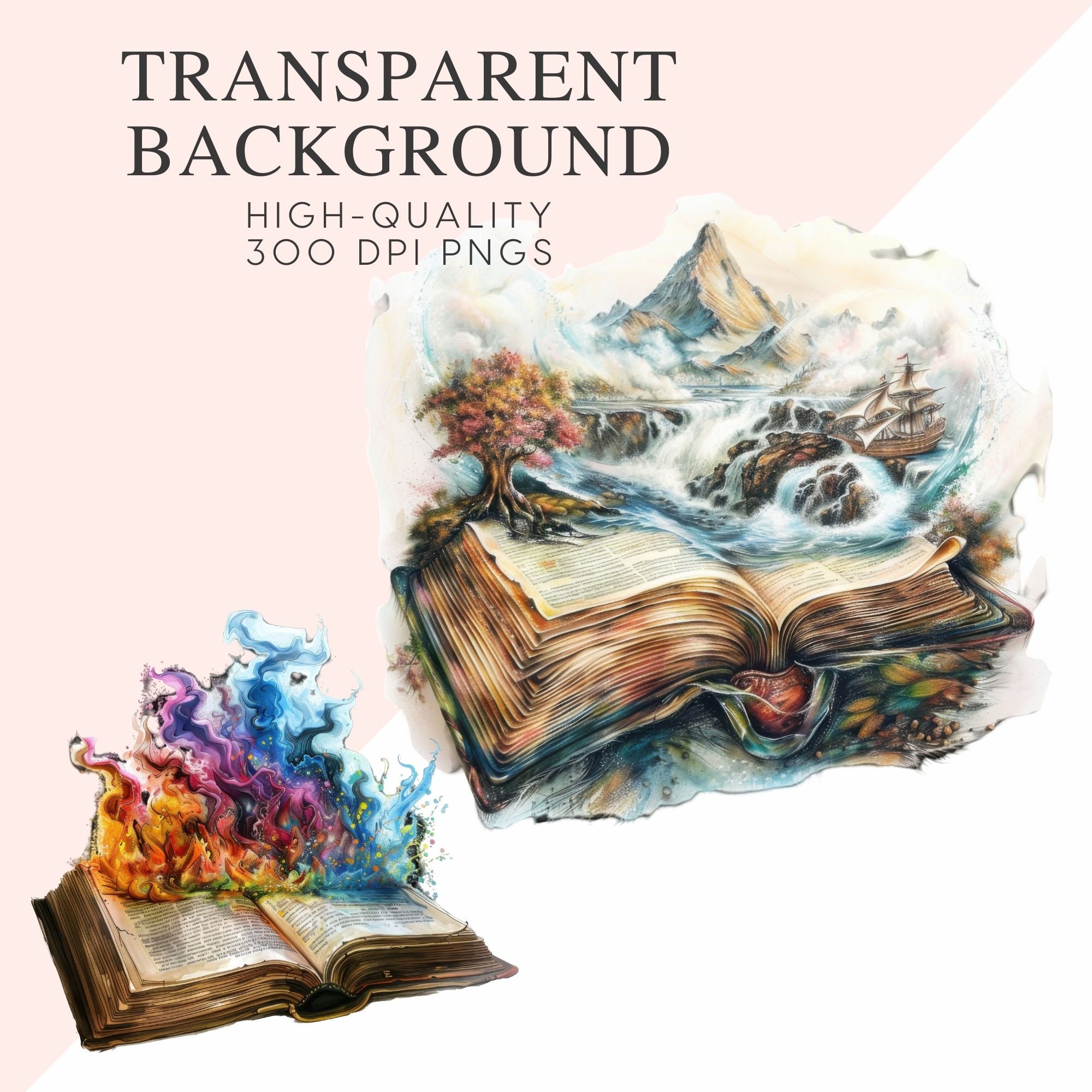 Watercolor Fantasy Books PNG Storybook Clipart Open Book Bundle Library ...