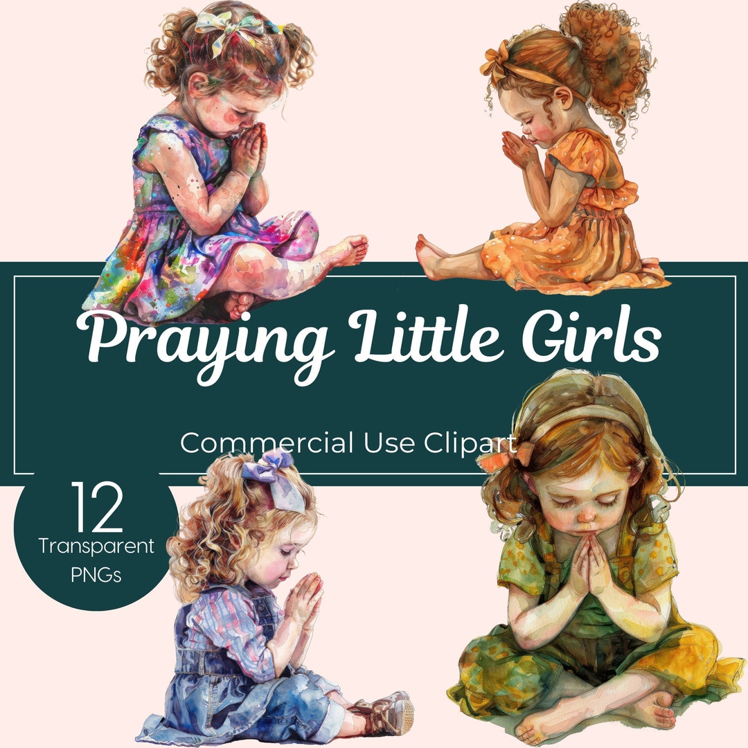 Watercolor Little Girls Praying Cute Clipart Bundle Faith Bible Study ...