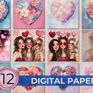 Paquete de 12 papeles digitales para el día de Galentines, para álbumes de recortes, imprimibles, corazones con purpurina rosa, fondos de amistad, diario, tarjetas, sublimación