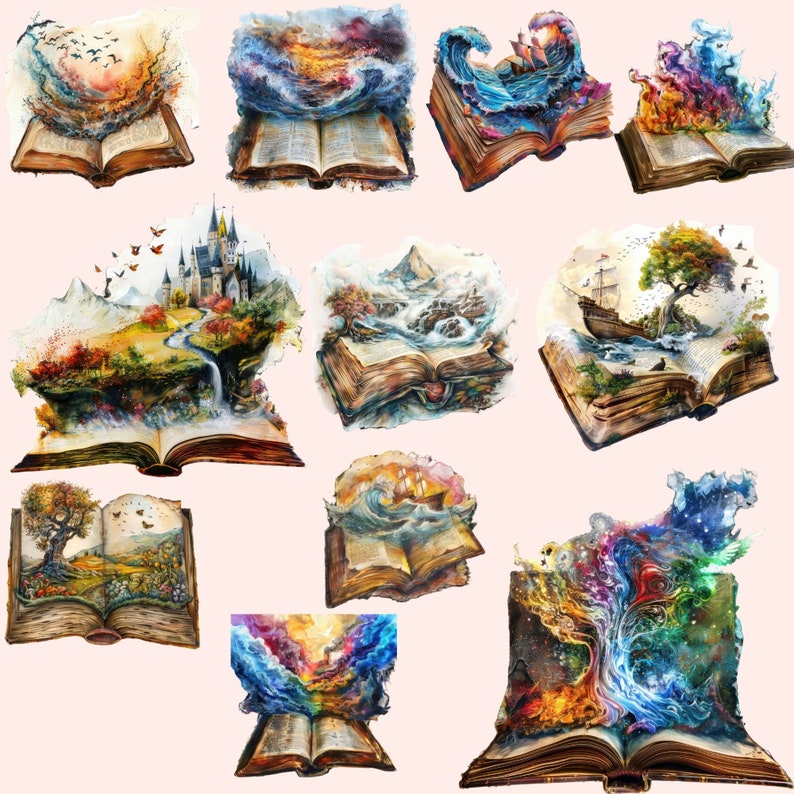 Watercolor Fantasy Books PNG Storybook Clipart Open Book Bundle Library ...