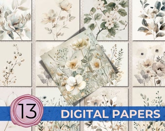 Neutral Floral Digital Paper Elegant Floral Background Printable Paper Digital Flowers Scrapbook Paper Floral Junk Journal Instant Download