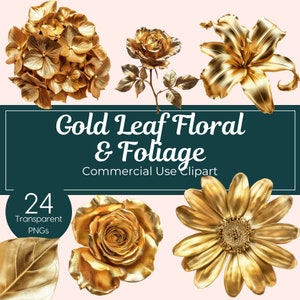 24 bladgoud bloemen en gebladerte PNG's hoog detail metallic clipart elegante botanische digitale download gouden bloemen clip art afbeeldingen gouden bruiloft