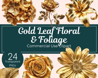 24 Gold Leaf Floral & Foliage PNGs High Detail Metallic Clipart Elegant Botanical Digital Download Gold Flowers Clip Art Images Gold Wedding