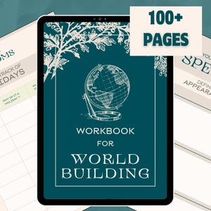 May include: A teal blue digital tablet displaying a workbook for world building. The cover features a globe with a white outline and a floral design. The text on the cover reads "Workbook for World Building".