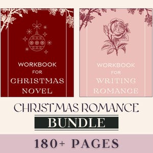 Puede incluir: Dos cuadernos rojos y rosas con texto blanco. El cuaderno de la izquierda tiene una ilustración de un adorno navideño y el texto "Workbook for Christmas Novel". El cuaderno de la derecha tiene una ilustración de una rosa y el texto "Workbook for Writing Romance". El texto "Christmas Romance Bundle 180+ Pages" está debajo de los cuadernos.