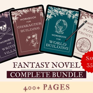 Peut inclure: Quatre classeurs numériques pour l'écriture de romans fantastiques, avec les titres "Workbook for Writing Villains", "Workbook for Character Building", "Workbook for World Building", et "Workbook for Plot Structure". Chaque classeur a une illustration unique et un fond bleu sarcelle, violet, marron ou beige. Le texte "Fantasy Novel Complete Bundle" et "400+ Pages" est affiché sous les classeurs. Une étoile rouge avec le texte "Save 35%" se trouve dans le coin inférieur droit.