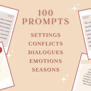 100 fantasy writing prompts, with 5 themes : settings, conflicts, dialogues, emotions and seasons