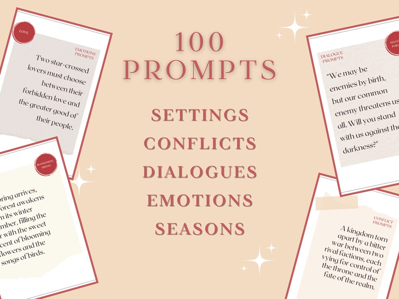 100 fantasy writing prompts, with 5 themes : settings, conflicts, dialogues, emotions and seasons