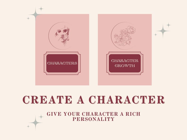 Op de afbeelding: Een roze en witte afbeelding met de tekst "CREATE A CHARACTER" en "GIVE YOUR CHARACTER A RICH PERSONALITY". Twee roze vierkanten met witte randen bevatten illustraties van een vrouwen gezicht en een boeket rozen. De tekst "CHARACTERS" en "CHARACTER GROWTH" staat in wit op een bordeauxrode achtergrond.