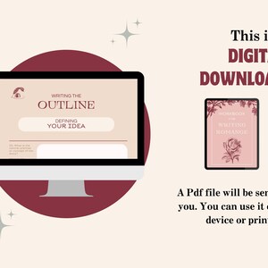 Op de afbeelding: Een digitale download van een werkboek voor het schrijven van romantische romans. De omslag heeft een roze achtergrond met een bloemillustratie en de tekst "Workbook for Writing Romance".