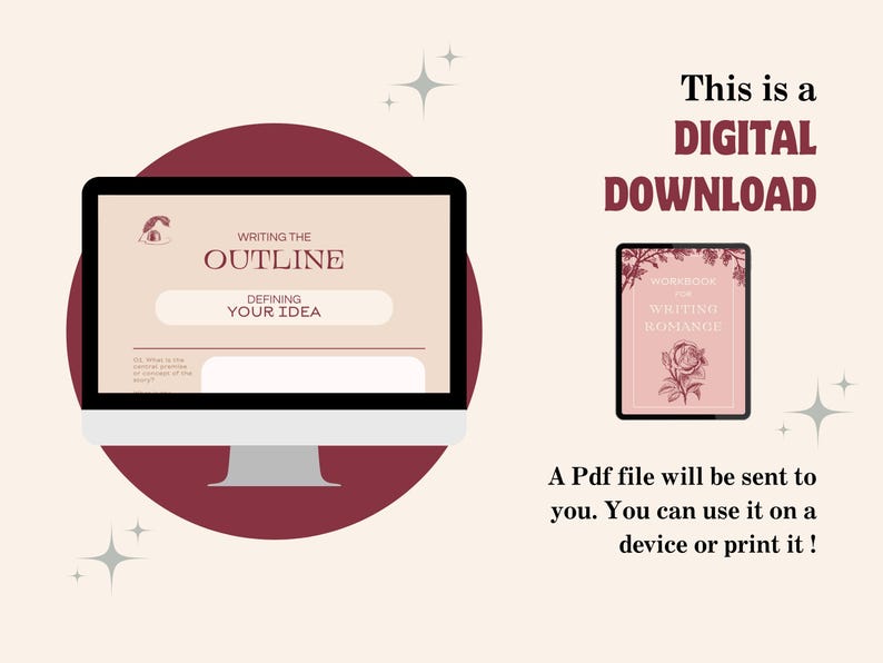 Op de afbeelding: Een digitale download van een werkboek voor het schrijven van romantische romans. De omslag heeft een roze achtergrond met een bloemillustratie en de tekst "Workbook for Writing Romance".