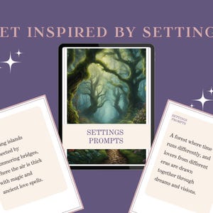 May include: Three cards with the text "Settings Prompts" on them. The cards feature different fantasy settings, including floating islands, a forest where time runs differently, and a magical forest.