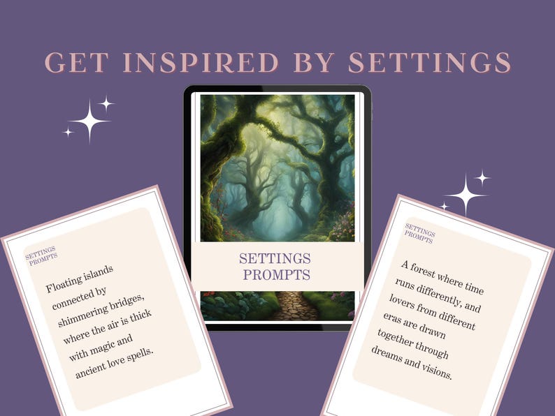 May include: Three cards with the text "Settings Prompts" on them. The cards feature different fantasy settings, including floating islands, a forest where time runs differently, and a magical forest.