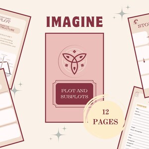 Op de afbeelding: Een set van 12 printbare pagina's met tips en sjablonen voor het schrijven van een verhaal. De pagina's zijn roze en cr&egrave;mekleurig met een bordeauxrode rand en bevatten een gestileerd triquetra-symbool. De pagina's bevatten titels zoals "Het storyboard schrijven", "Checklist verhaal", "Cheat Sheet Plot", "Het outline schrijven" en "Plot en subplots".
