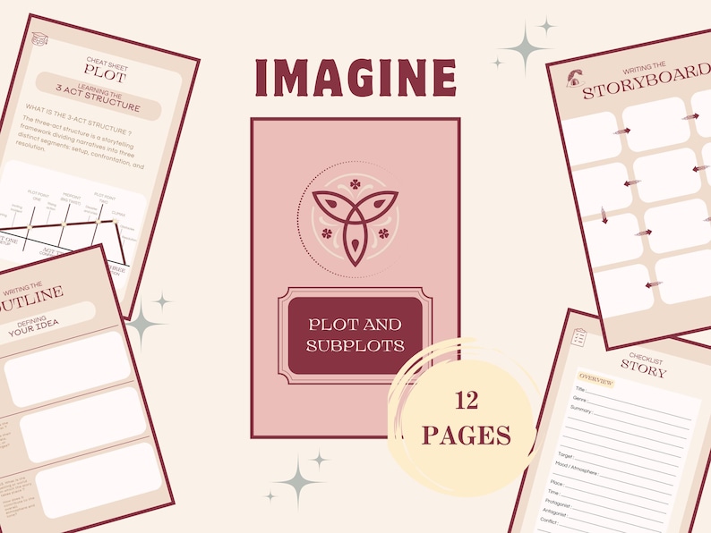 Op de afbeelding: Een set van 12 printbare pagina's met tips en sjablonen voor het schrijven van een verhaal. De pagina's zijn roze en cr&egrave;mekleurig met een bordeauxrode rand en bevatten een gestileerd triquetra-symbool. De pagina's bevatten titels zoals "Het storyboard schrijven", "Checklist verhaal", "Cheat Sheet Plot", "Het outline schrijven" en "Plot en subplots".