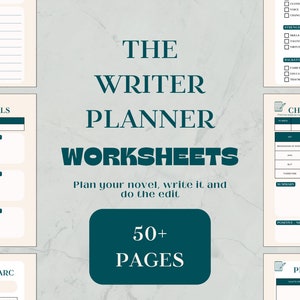 Könnte beinhalten: Ein bedruckbarer Planer für Schriftsteller in Türkis und Weiß mit dem Text "The Writer Planner Worksheets" und "Plan your novel, write it, and do the edit". Der Planer hat über 50 Seiten.