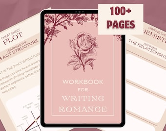 以下が含まれることがあります： バラのイラストと「Workbook for Writing Romance」というテキストが書かれたピンクと赤のデジタルワークブック。ワークブックは、「Learning the 3 Act Structure」というタイトルと「What is the 3-Act Structure? The three-act structure is a story framework dividing narratives in distinct segments: setup, conflict, resolution.」というテキストが書かれたページを開いています。