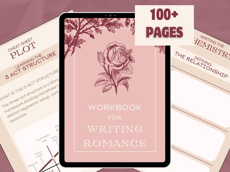 Op de afbeelding: Een roze en rood digitaal werkboek met een roos illustratie en de tekst "Workbook for Writing Romance". Het werkboek is open op een pagina met de titel "Learning the 3 Act Structure" en de tekst "What is the 3-Act Structure? The three-act structure is a story framework dividing narratives in distinct segments: setup, conflict, resolution."