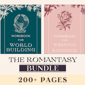Peut inclure: Deux couvertures de livres, l'une turquoise et l'autre rose, avec des illustrations vintage. La couverture turquoise présente un globe terrestre et le texte "Workbook for World Building". La couverture rose présente une rose et le texte "Workbook for Writing Romance". Le texte "THE ROMANTASY BUNDLE 200+ PAGES" est situé sous les couvertures.